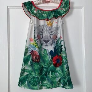Deux Par Deux Jungle Cat “Silky” Ruffle Dress EUC 3/4